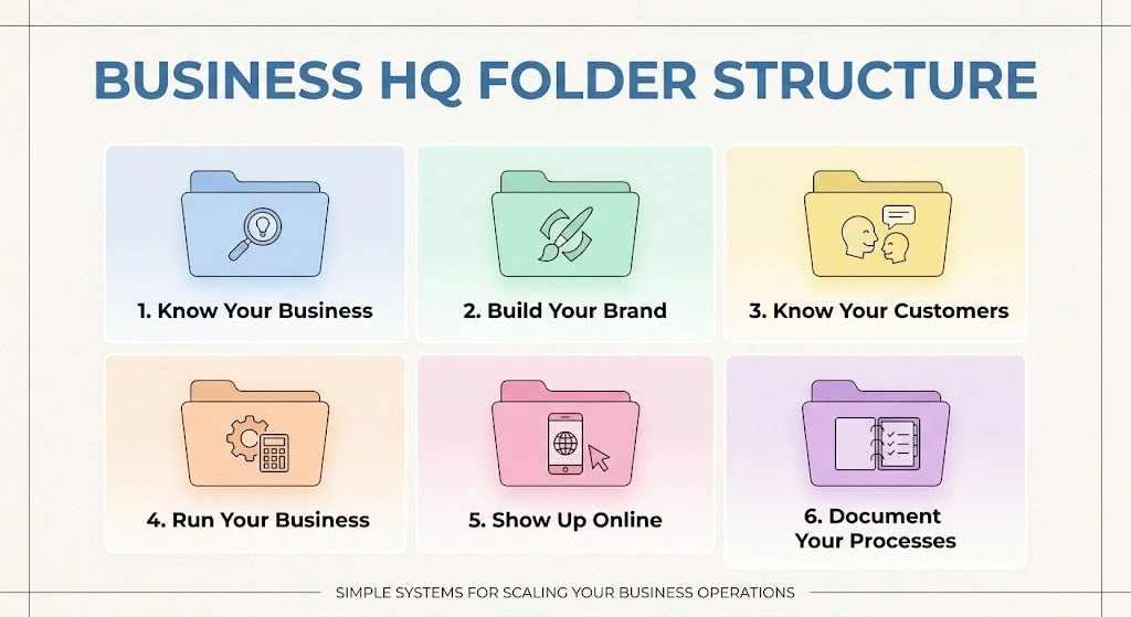 A clean, professional infographic showing the 6-part Google Drive folder structure for organizing Business HQ files.