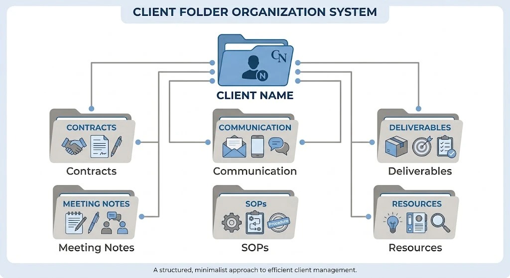 An elegant vector infographic illustrating a professional client folder organization layout with 6 clear subfolders.