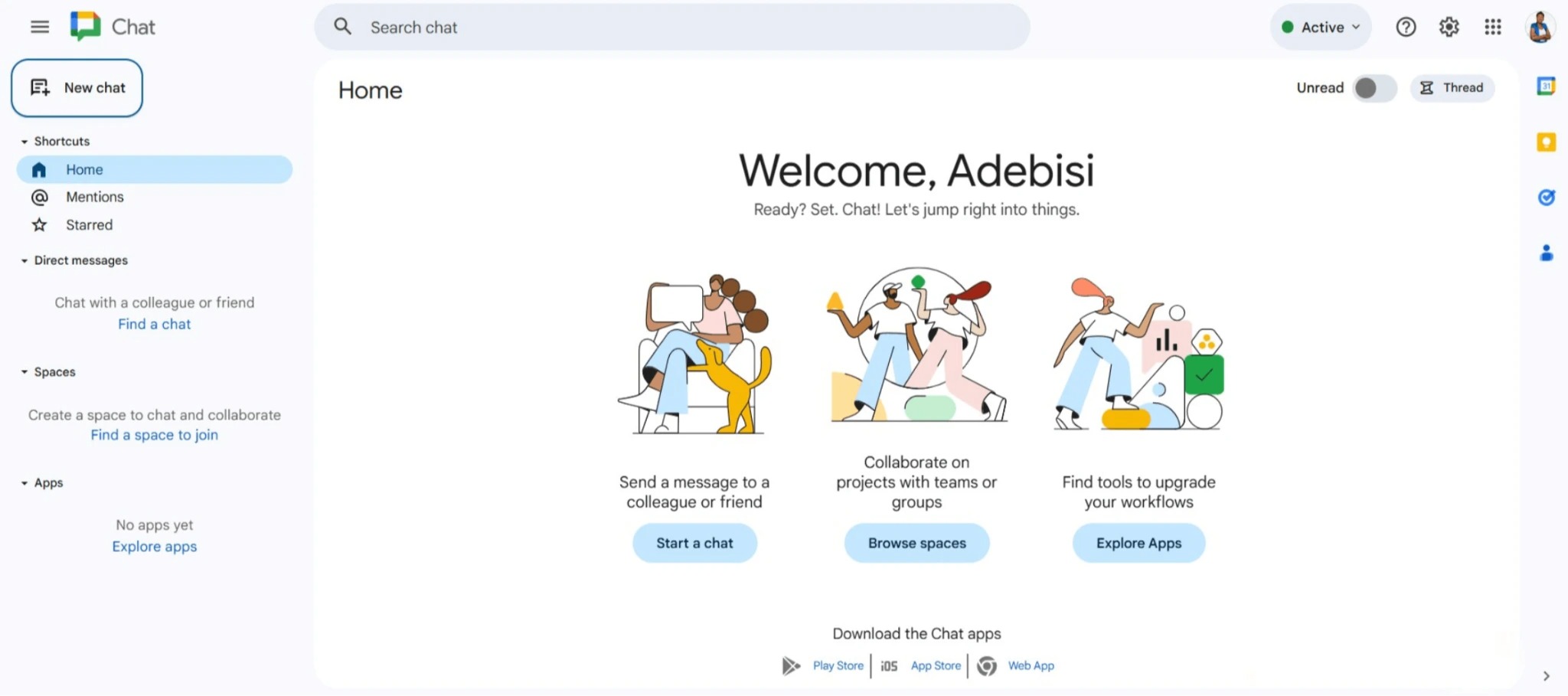 Google Chat home screen welcoming user Adebisi, with options to start chats, browse spaces, and explore apps. Designed for bootstrapping founders, online business owners, virtual assistants, and small business owners streamlining communication and project collaboration.