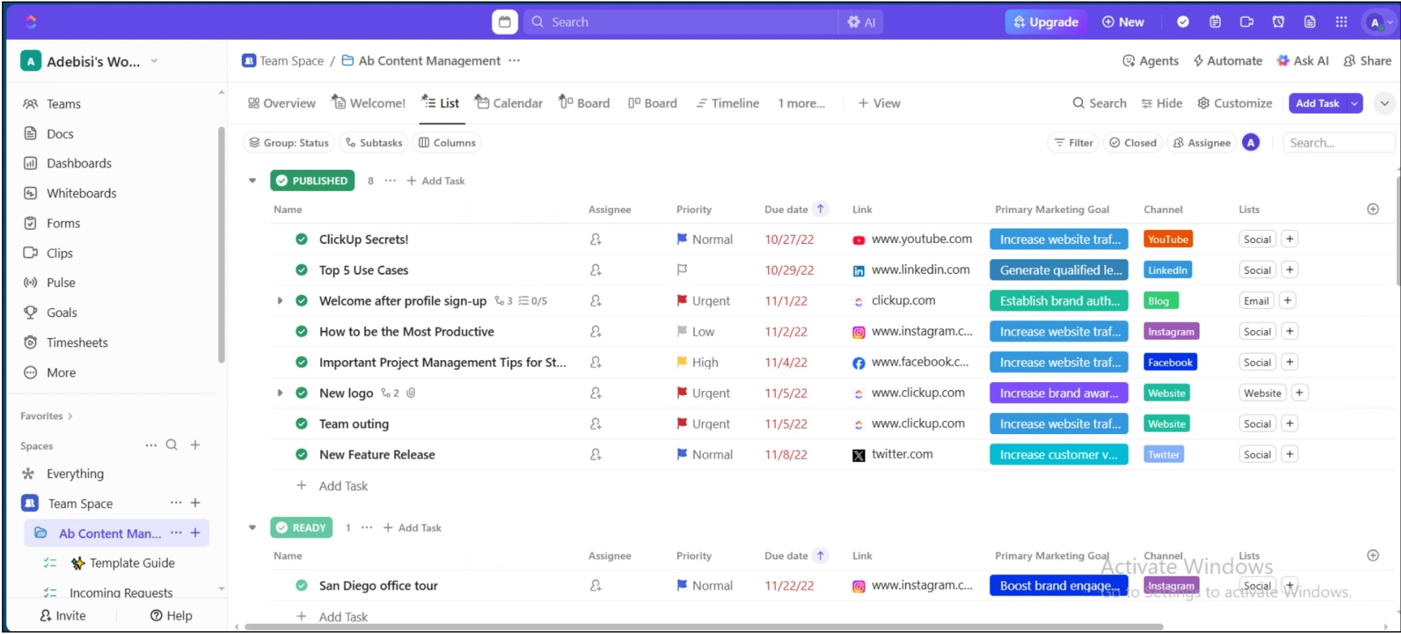 ClickUp project management dashboard for Adebisi's Workspace, showing content tasks grouped by status—Published and Ready. Ideal for bootstrapping founders, online business owners, virtual assistants, and small business owners managing marketing goals, channels, and deadlines.