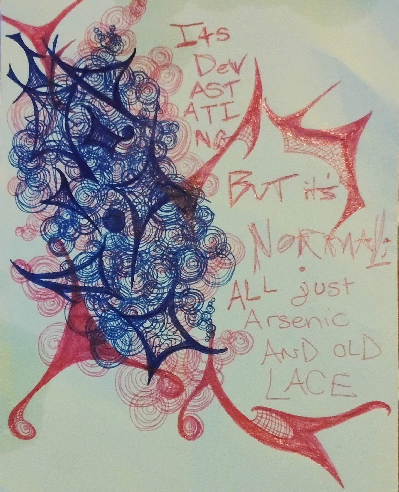 "It's Devastating But It's Normal" by Brandi Ocasio – Abstract Mixed Media Drawing Dive into the emotionally charged world of Brandi Ocasio with "It's Devastating But It's Normal", a striking mixed media artwork blending intricate penwork and raw handwritten text. Featuring bold red and blue ink designs, swirling patterns, and poignant phrases like "All just arsenic and old lace," this piece explores the normalization of emotional pain through haunting visual storytelling. Perfect for lovers of abstract expressionism and psychological art.