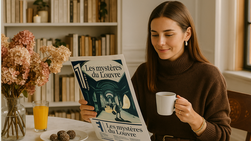 Image d'une femme lisant un magazine et savourant un café chez elle.