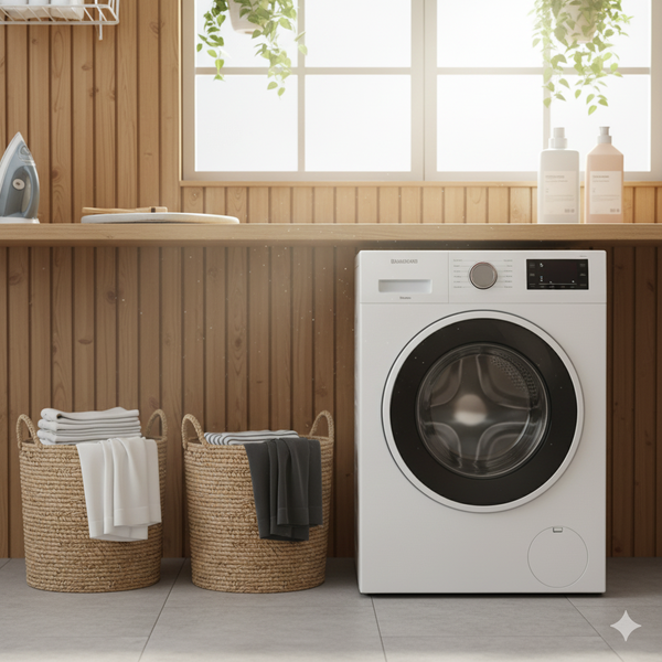 Àrea de serviço com lavadora moderna