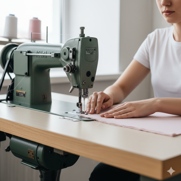 Mulher costurando na máquina industrial