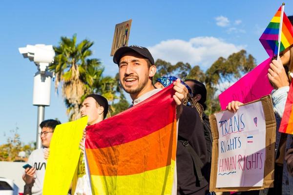 Steven Vargas, executive director of the Queer and Ally Student Assembly, led protesters in chants of “Love trumps hate” and “Homophobia has to go” at Exposition Boulevard and Vermont Avenue.