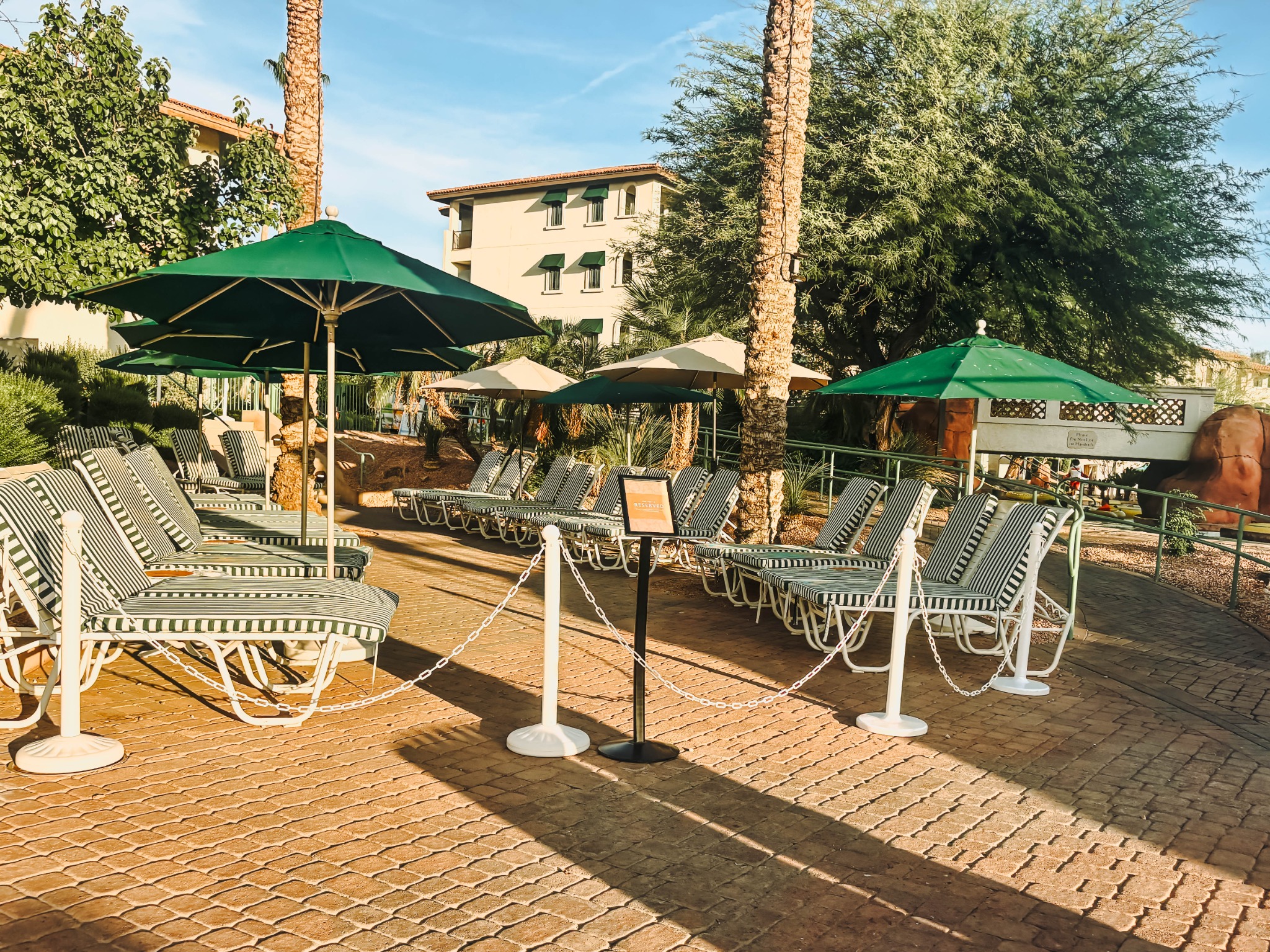 Reserved shaded pool seating at Arizona Grand Resort and Spa in Phoenix, Arizona
