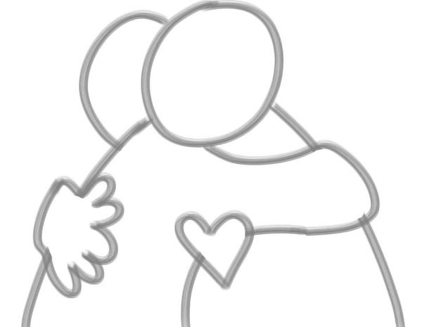 Two figures embrace with a heart between them.