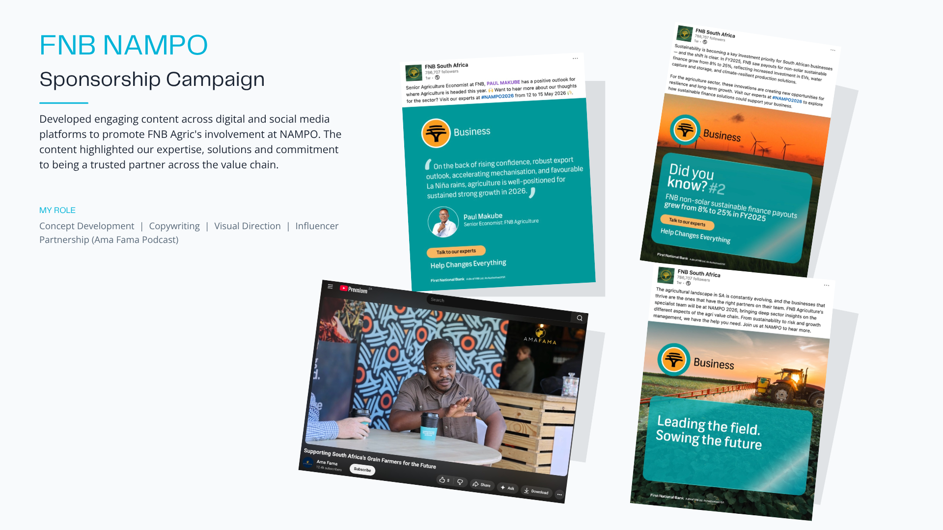 A high-impact original campaign screenshot from the FNB Agriculture NAMPO live coverage execution, demonstrating contextual content curation and thought leadership delivery on digital channels.