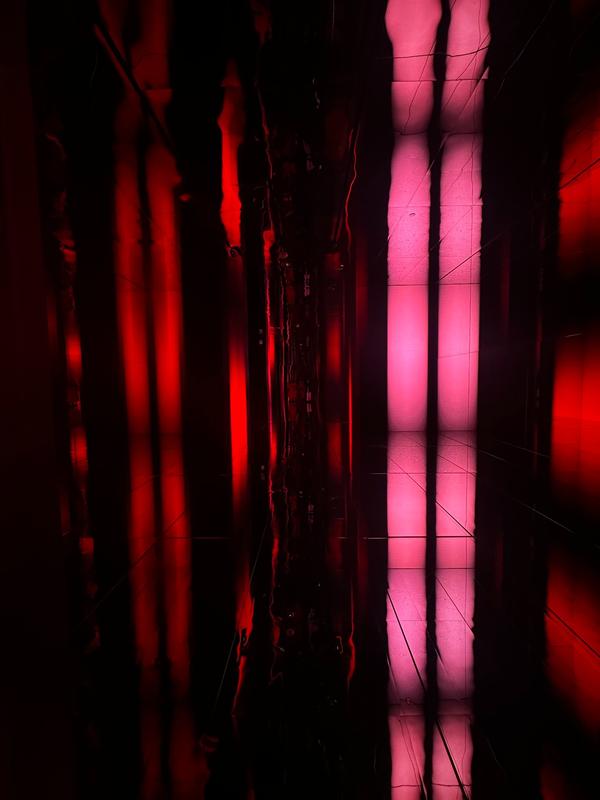 Vertical panels of red and pink light in a dark reflective room