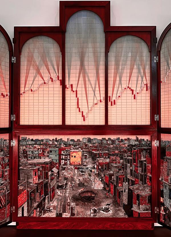 Wooden triptych artwork with stock candlestick patterns above and a decaying urban street scene below