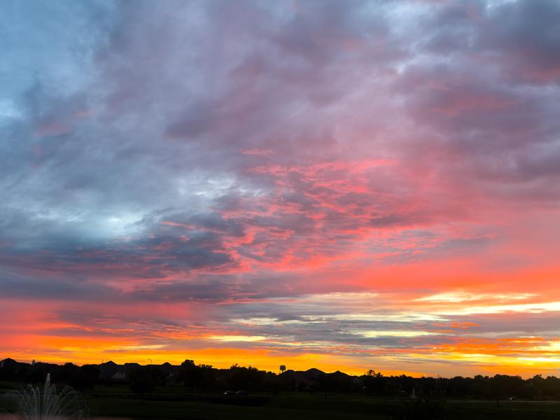 Vivid orange and pink sunset over a silhouetted suburban skyline