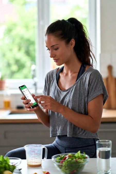Woman checking her phone while eating a meal