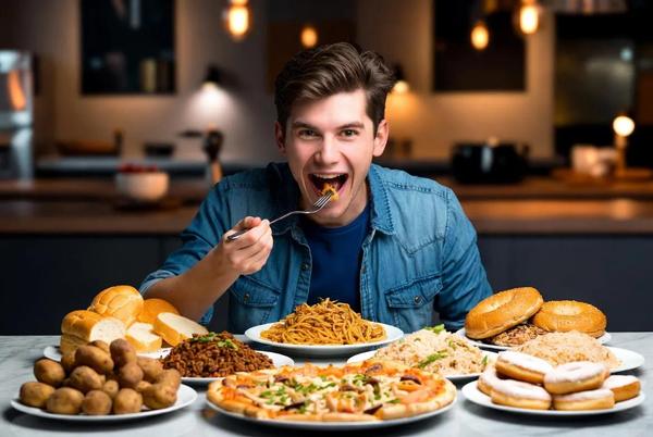 Man enjoying a large meal of carbohydrate-rich foods