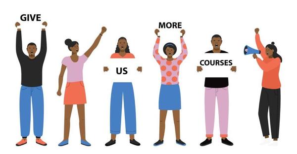 Men and women holding up signs for more diverse curriculm