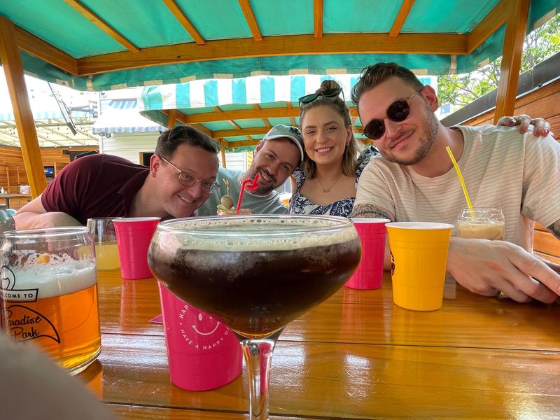 brothers and sister enjoy restaurant