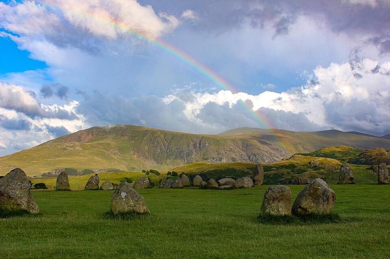 Castlerigg Stone Circle near Keswick, with the Lake District fells rising behind the standing stones.