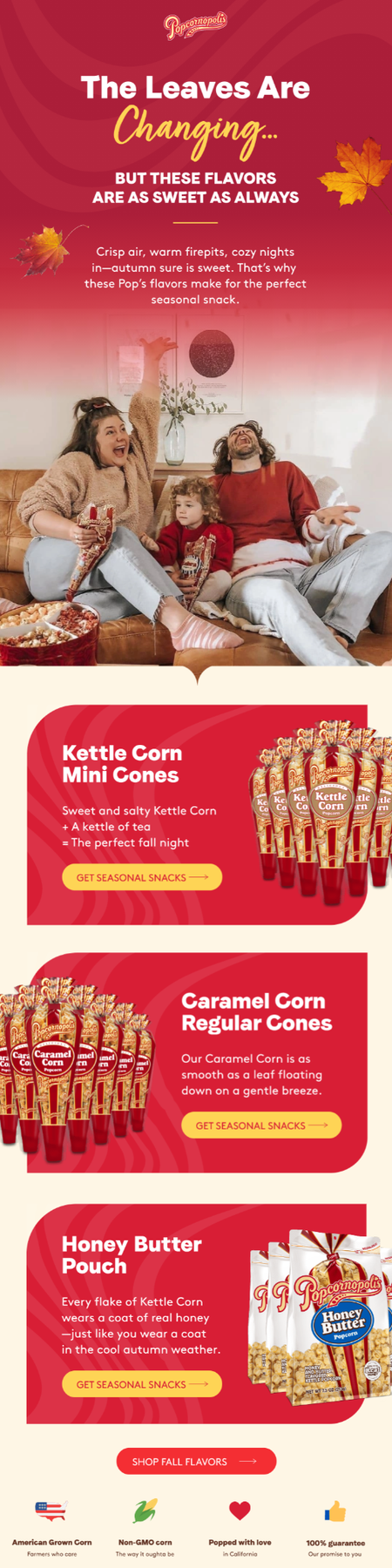 Popcornopolis fall flavors: Kettle Corn Mini Cones, Caramel Corn Regular Cones, and the Honey Butter Pouch. Popcornopolis fall flavors: Kettle Corn Mini Cones, Caramel Corn Regular Cones, and the Honey Butter Pouch.