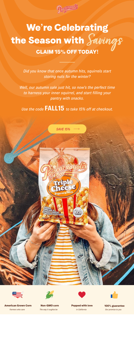 Popcornopolis pushes a 15% sale for autumn. A woman holds a bag of Triple Cheese Popcorn in front of her face, Mona Lisa fading in the background. Popcornopolis pushes a 15% sale for autumn. A woman holds a bag of Triple Cheese Popcorn in front of her face, Mona Lisa fading in the background.