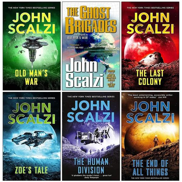 The book covers of Old Man's War, The Ghost Brigades, The Last Colony, Zoe's Tale, The Human Division, and The End of All Things by John Scalzi, arranged with the first three books on top and the rest on the bottom The book covers of Old Man's War, The Ghost Brigades, The Last Colony, Zoe's Tale, The Human Division, and The End of All Things by John Scalzi, arranged with the first three books on top and the rest on the bottom