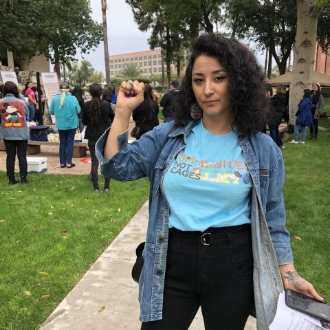Alejandra Pablos, an immigration activist, spoke at the National Organization for Women rally at the state Capitol on Dec. 8, 2019. Pablos has been subject to deportation proceedings for 12 years due to DUI and drug paraphernalia charges.