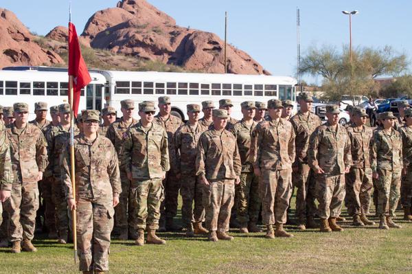 Soldiers from the Arizona National Guard's 253rd Engineer Battalion stand in formation before being dismissed after their year-long Middle East Deployment at the Papago Military Reservation on January 11, 2020.