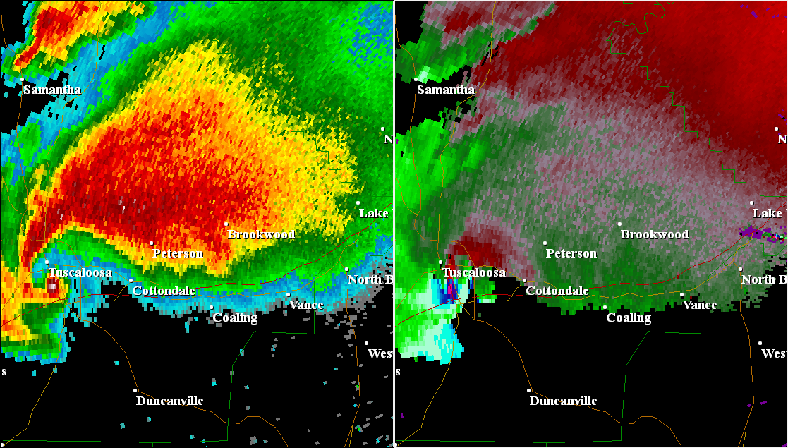 A side-by-side view of the Tuscaloosa-Birmingham tornado that occurred on April 27, 2011.  The left panel is the Base Reflectivity panel, and the right panel indicates the winds associated with the storm.  The tight couplet of inbound and outbound winds indicate the location of the tornado.  Photo courtesy of the National Weather Service.