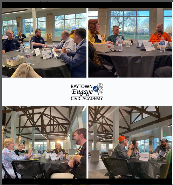 Citizens of Baytown sit at round tables and converse with City staff from various departments in a series of 4 images.