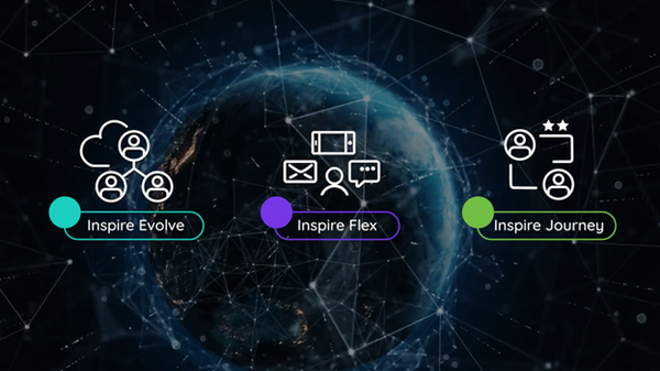 Inspire Evolve, Inspire Flex, and Inspire Journey - the three solutions that comprise the Inspire CXM platform against a connected globe
