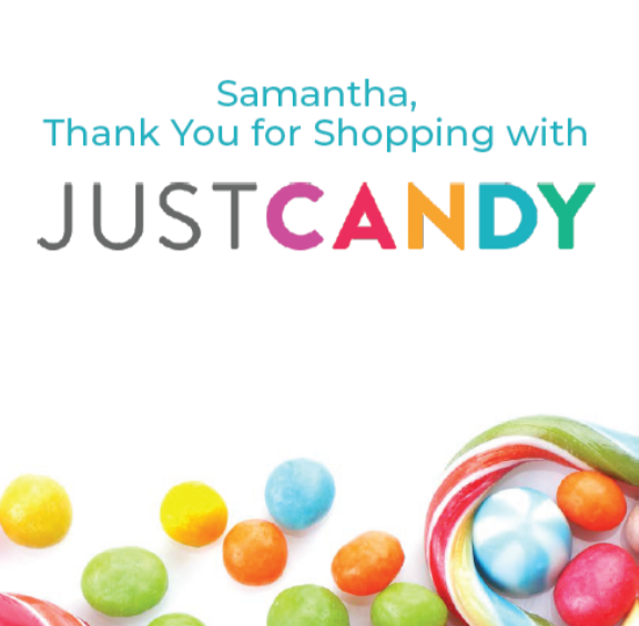 Just Candy, personalized marketing insert, brochure