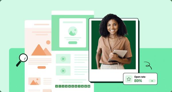 Two mockups of internal email templates, one in orange and one in green sit next to a smiling woman wearing a brown top. Below her is a box that says, "Open rate 89% with a star next to it."