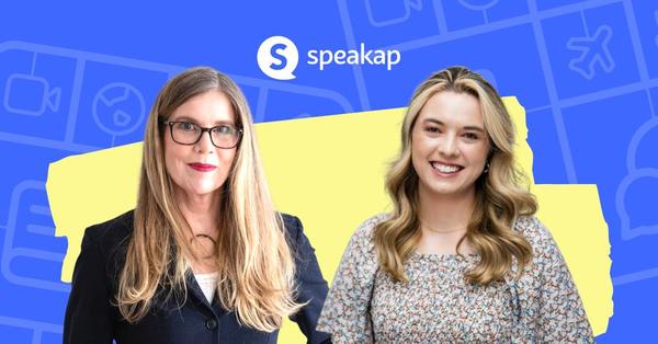 Two, smiling women pose next to each other on top of a light yellow paint stroke graphic on top of a blue background with small icons including an airplane and speech bubbles. Between them is a white Speakap logo.