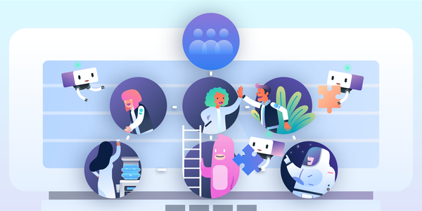 Team of cartoon people and creatures high-fiving and help one another