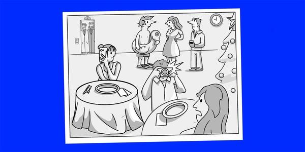 A bright blue background with a drawing of people at an end of year work holiday party engaging in bad behavior. One person is taking a photo of another without their permission, one is on their phone hiding, and one is dressed in summer attire with an inner tube around their waste.